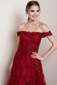 Wine Off The Shoulder Lace Embroidered Maxi