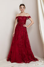 Wine Off The Shoulder Lace Embroidered Maxi