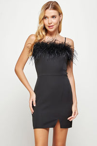 Black Feather Trimmed Off-shoulder Mini Dress