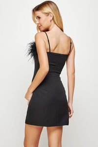Black Feather Trimmed Off-shoulder Mini Dress