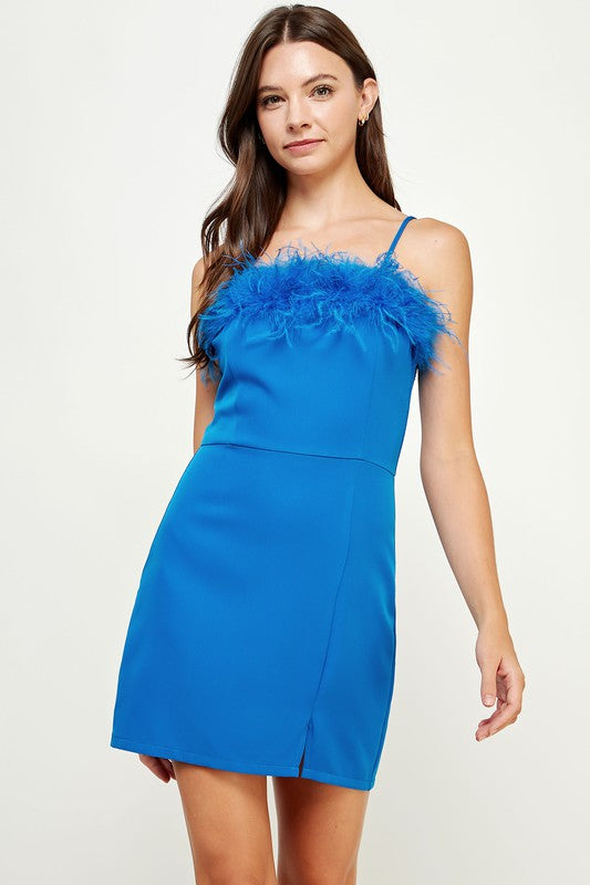 Cobalt Blue Feather Trimmed Off-shoulder Mini Dress Aquarius Brand Cobalt Blue Feather Trimmed Off-shoulder Mini Dress Aquarius Brand