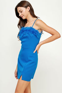 Cobalt Blue Feather Trimmed Off-shoulder Mini Dress