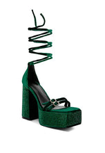Green Firecrown High Platform Diamante Lace Up Sandals