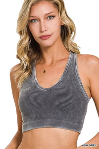 Ash Grey Washed Ribbed Cropped Racerback Tank Top