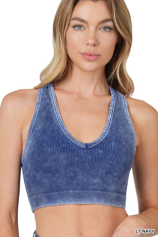 Lt Navy Washed Ribbed Cropped Racerback Tank Top