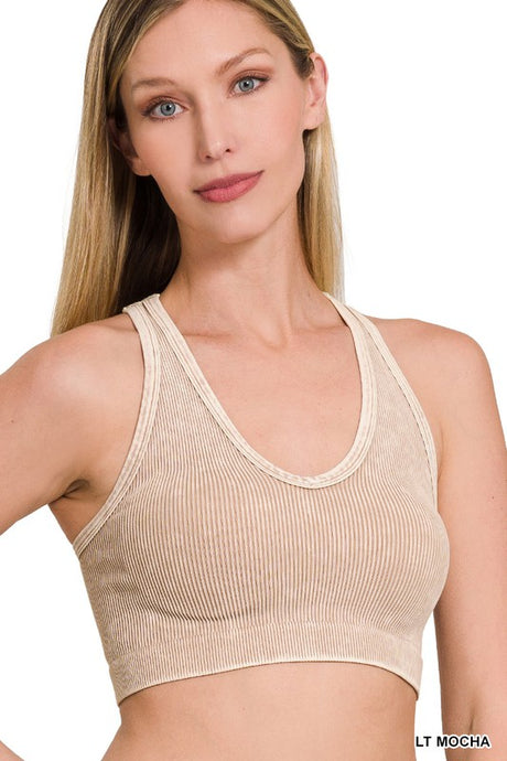 Lt Mocha Washed Ribbed Cropped Racerback Tank Top