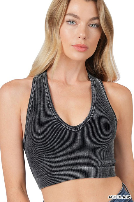 Ash Black Washed Ribbed Cropped Racerback Tank Top