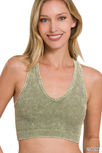 Lt Olive Washed Ribbed Cropped Racerback Tank Top