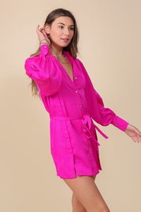 Fuchsia Button Down Shirt Dress With Tie