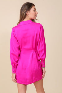 Fuchsia Button Down Shirt Dress With Tie
