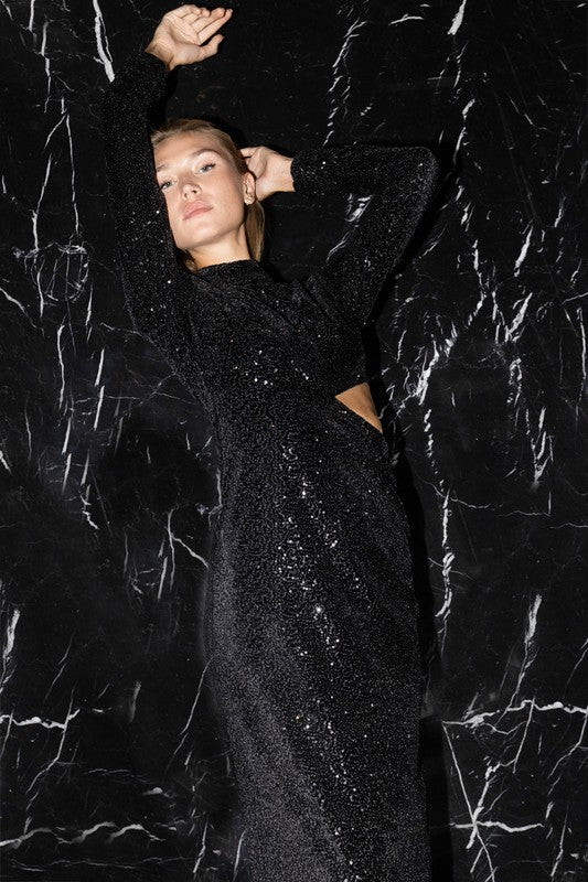 Black Mock Neck Sequin Maxi Dress With Side Cut-out