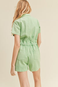 Orchid Green Washed Denim Utility Romper