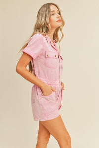 Cool Pink Washed Denim Utility Romper