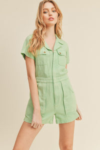 Orchid Green Washed Denim Utility Romper