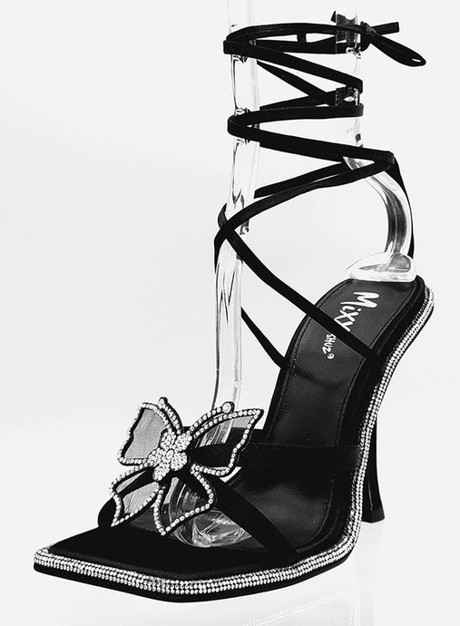 Black Satin Embellished Butterfly Strappy Pumps