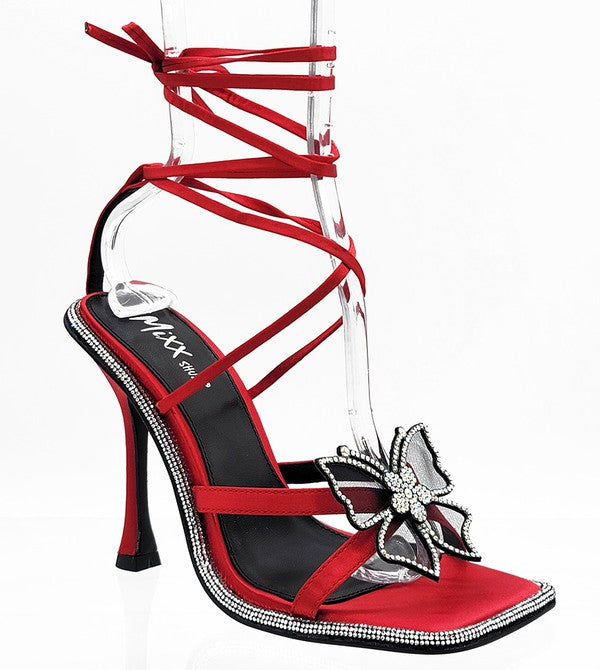 Red Satin Embellished Butterfly Strappy Pumps