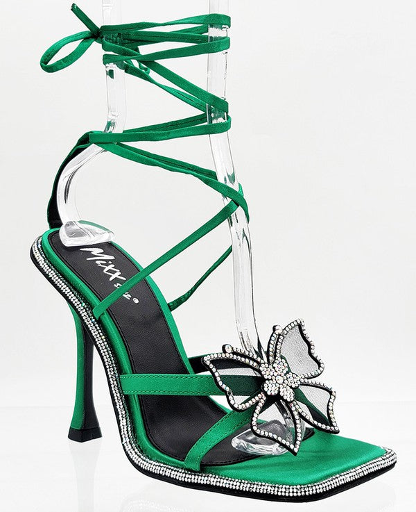 Green Satin Embellished Butterfly Strappy Pumps