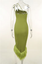 Green Women's One Shoulder Feather Dress
