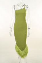 Green Women's One Shoulder Feather Dress