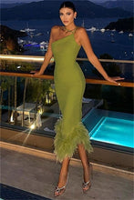 Green Women's One Shoulder Feather Dress
