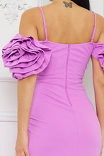 Lavender Ruffle Round Flower Shoudler Maxi Dress