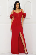 Red Ruffle Round Flower Shoudler Maxi Dress