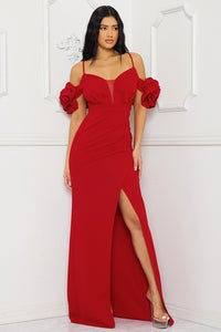 Red Ruffle Round Flower Shoudler Maxi Dress