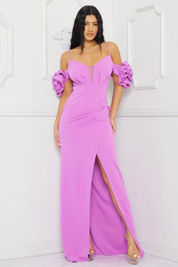 Lavender Ruffle Round Flower Shoudler Maxi Dress