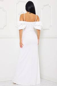 Ivory Ruffle Round Flower Shoudler Maxi Dress