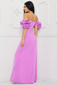 Lavender Ruffle Round Flower Shoudler Maxi Dress