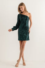 Green One Shoulder Mini Dress W/ Sequin Fabric, Puff Slv