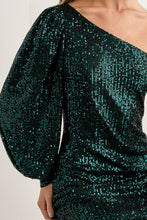 Green One Shoulder Mini Dress W/ Sequin Fabric, Puff Slv