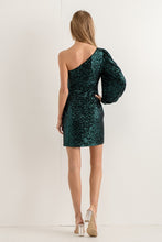 Green One Shoulder Mini Dress W/ Sequin Fabric, Puff Slv