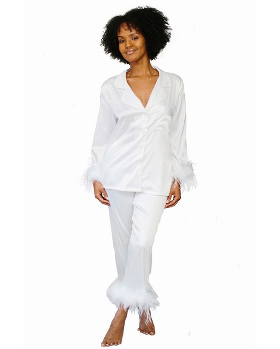 White Feather Trim Long Sleeve With Pants Pajama Set