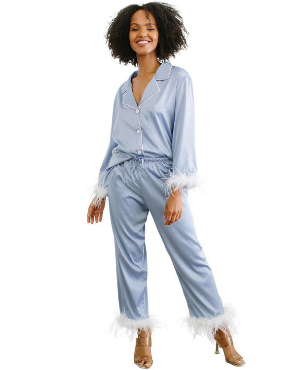 Dusty Blue Feather Trim Long Sleeve With Pants Pajama Set