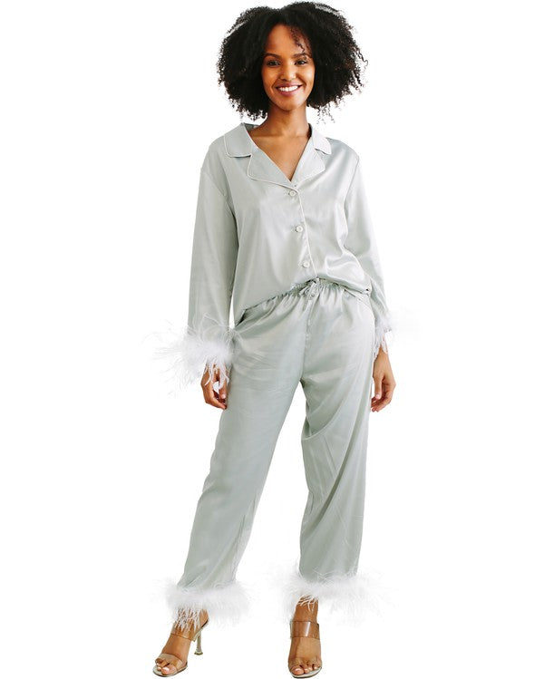 Sage Feather Trim Long Sleeve With Pants Pajama Set