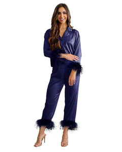 Navy Feather Trim Long Sleeve With Pants Pajama Set