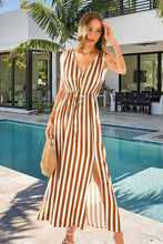 Mocha V-neck Sleeveless Tie Waist Slit Detail Stripe Maxi Dress