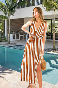 Mocha V-neck Sleeveless Tie Waist Slit Detail Stripe Maxi Dress