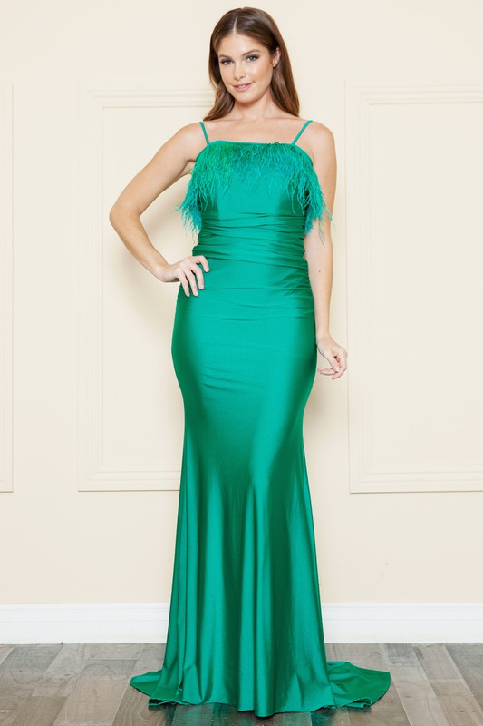 Emerald Feather Top Mermaid Evening Dress