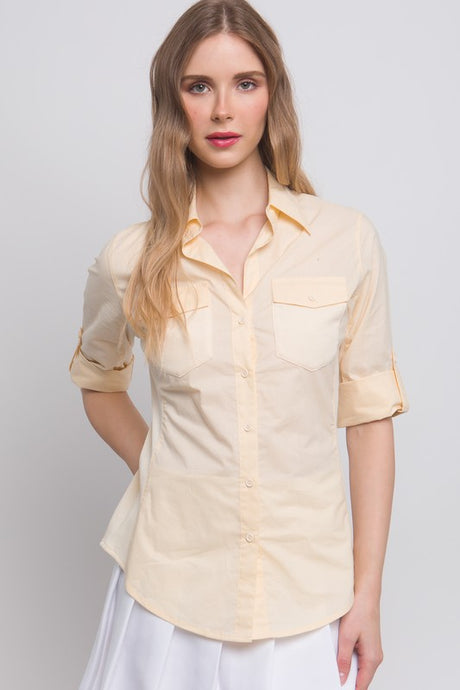 Light Yellow Solid Contrast Button Down Panel Shirt