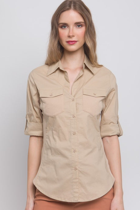 Khaki Solid Contrast Button Down Panel Shirt