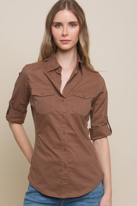 Brown Solid Contrast Button Down Panel Shirt