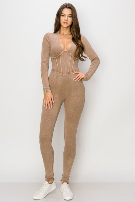 Khaki Sweater Jumpsuit With Bonding