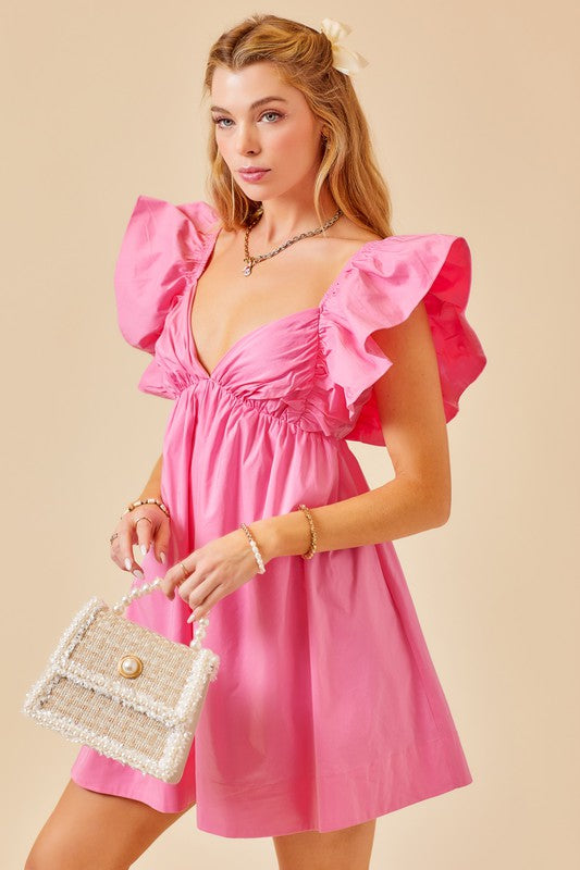 Candy Pink Ruffle Detail Tie Back Poplin Dress  Aquarius Brand