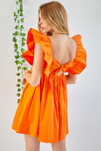 Orange Ruffle Detail Tie Back Poplin Dress