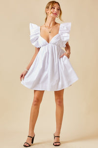 White Ruffle Detail Tie Back Poplin Dress