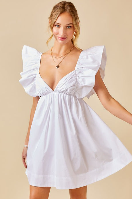 White Ruffle Detail Tie Back Poplin Dress
