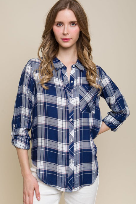 Navy Plaid Patch Pocket Button-Up Shirt
