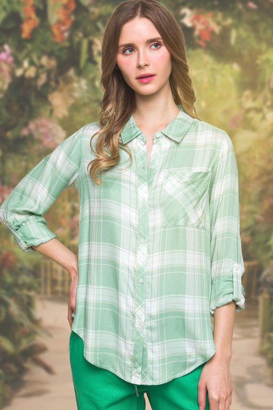Green Plaid Patch Pocket Button-Up Shirt